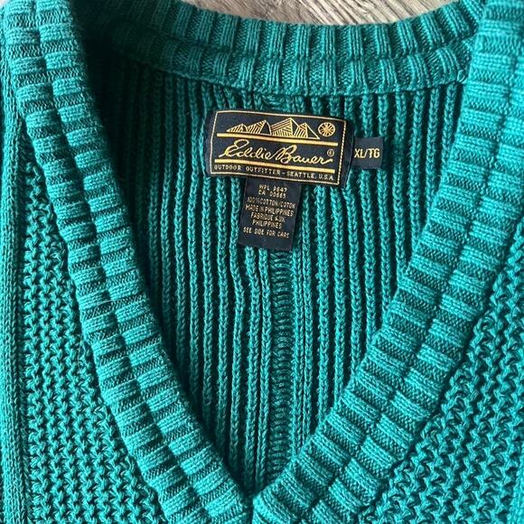 Vintage Eddie Bauer Ribbed Cotton Sweater • Teal V-Neck • XL • Outdoor - Picture 2 of 8